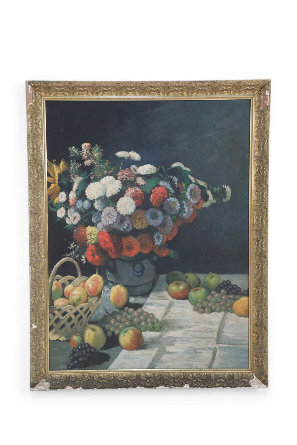 Framed Still Life Oil Painting of A Flower Arrangement and Scattered Grapes and Fruits 1