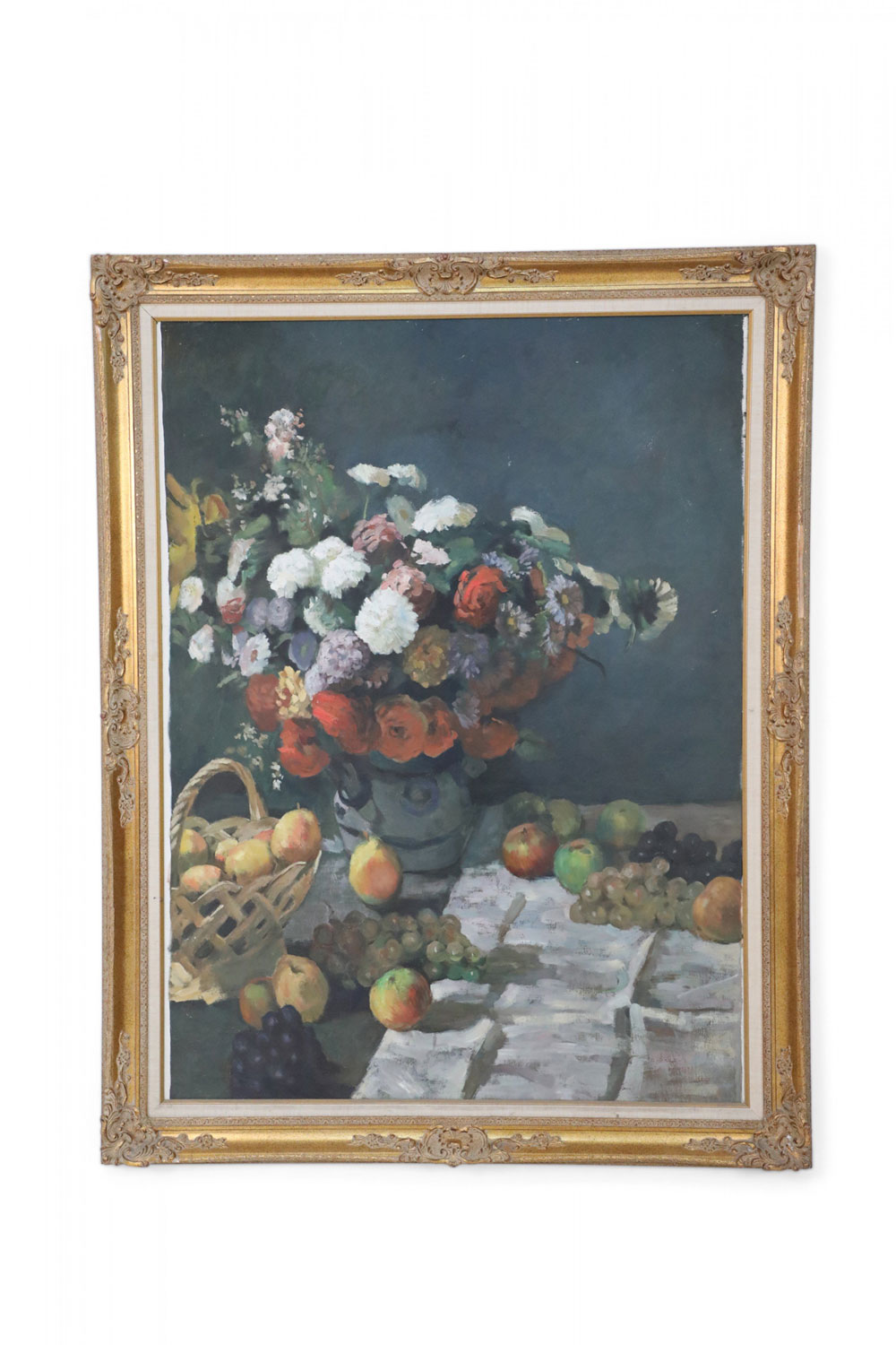 Framed Still Life Oil Painting of A Flower Arrangement and Scattered Grapes and Fruits 2