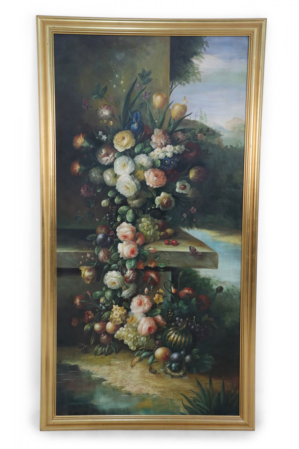 Large Framed Still Life Oil Painting of an Urn of Flowers on a Garden Bench
