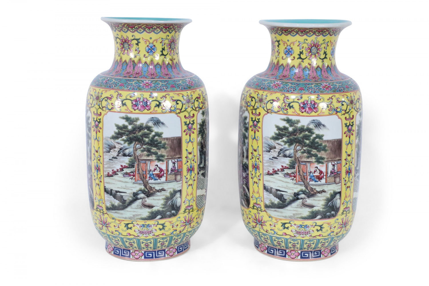 Pair of Chinese Yellow and Turquoise Genre Vignette Porcelain Vases