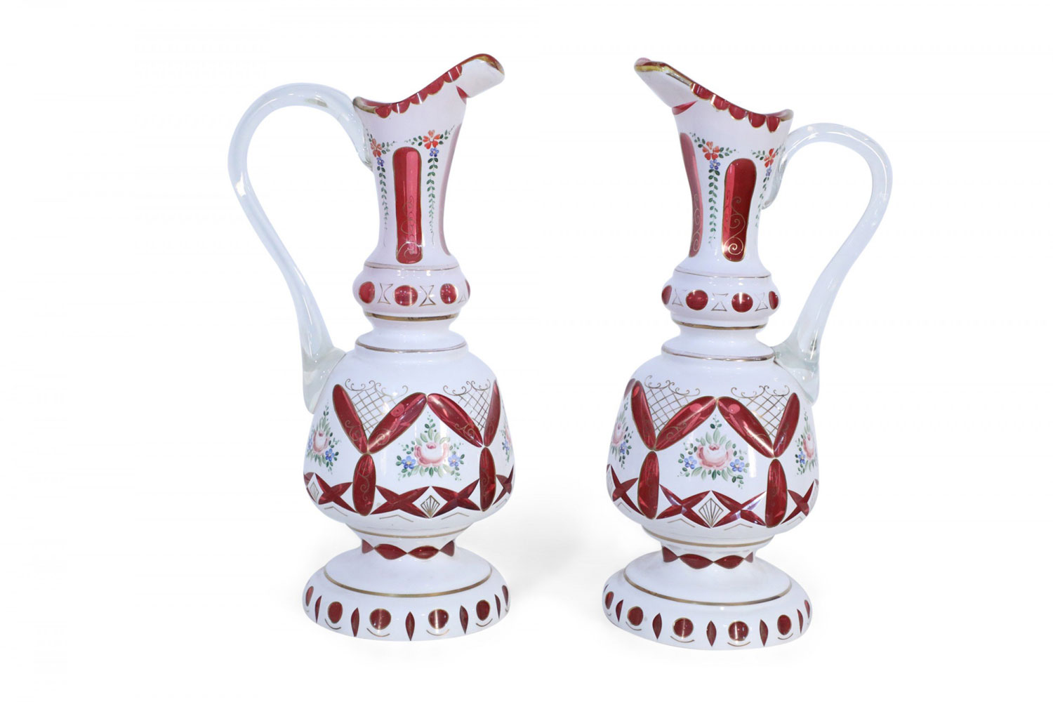 Pair of Victorian White and Ruby Opaline Glass Ewers