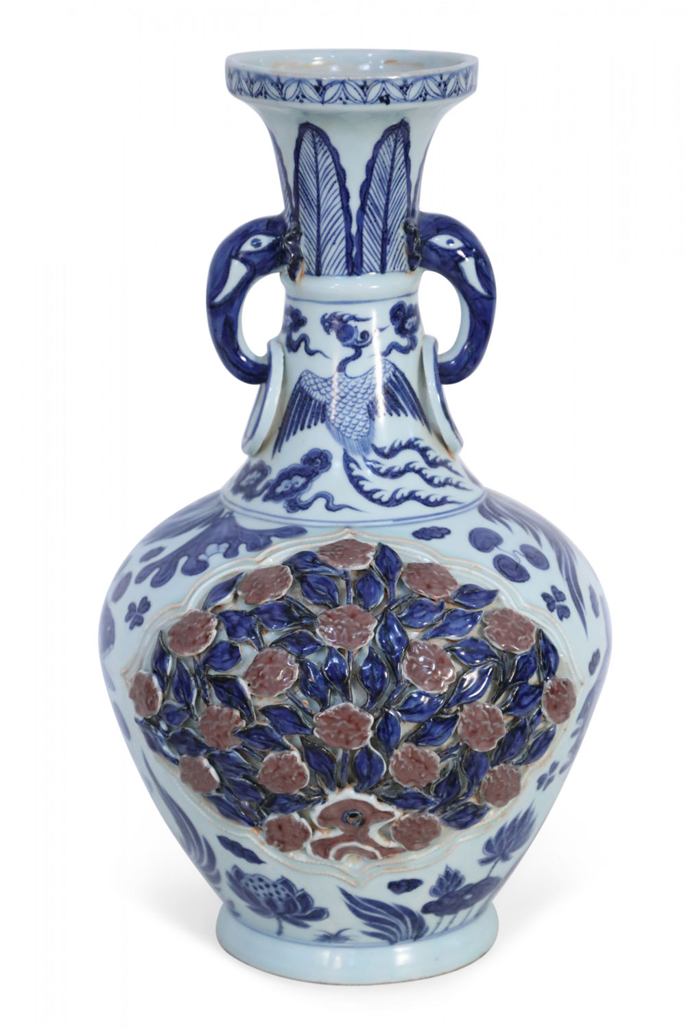 Chinese White and Blue Raised Rose Bush Design Porcelain Vase