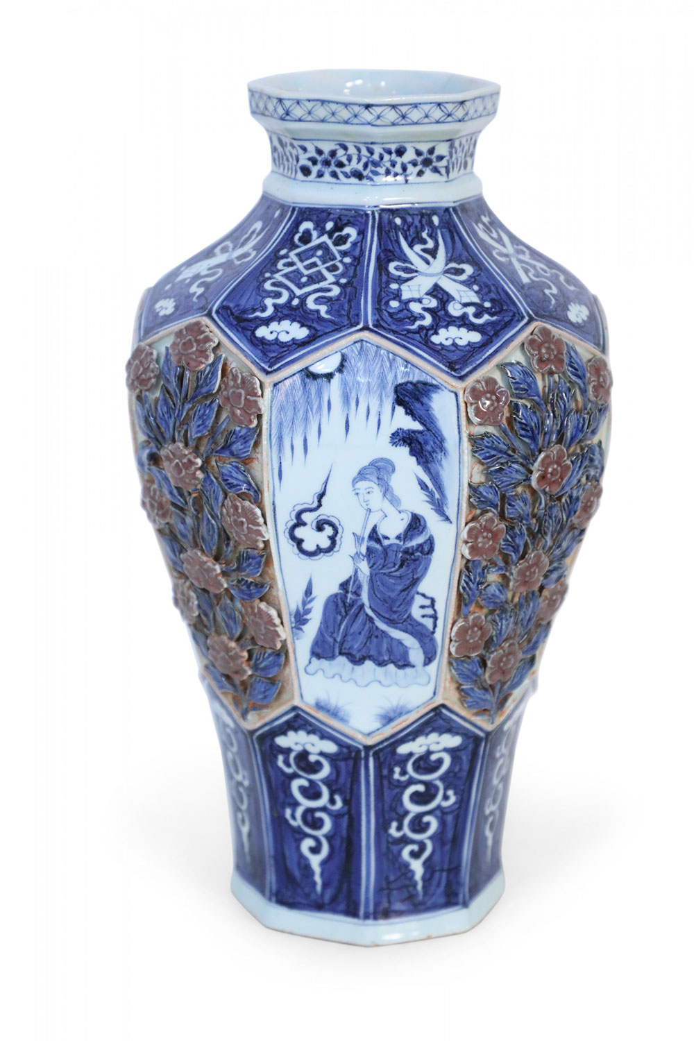 Chinese White and Blue Raised Rose Design Octagonal Porcelain Vase