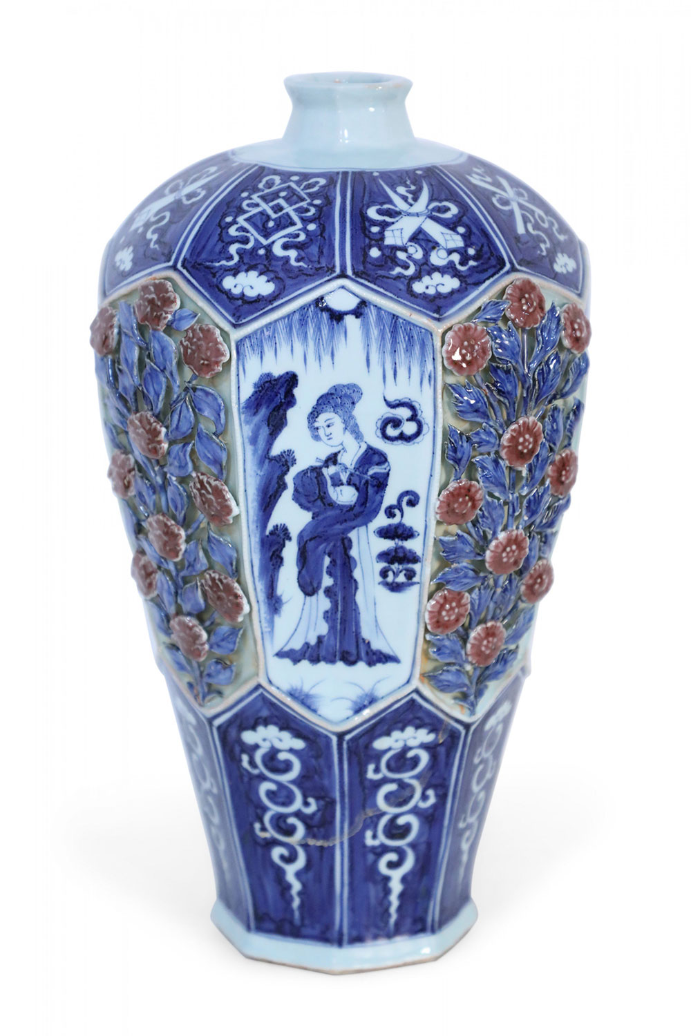 Chinese Blue and White and Raised Rose Pattner Octagonal Porcelain Vase