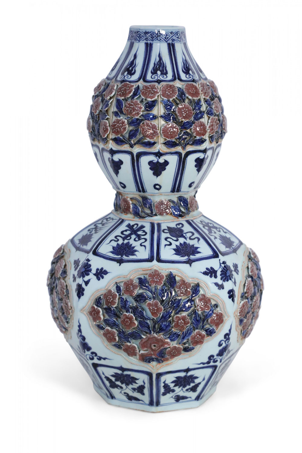 Chinese White and Blue and Raised Rose Design Double Gourd Porcelain Vase