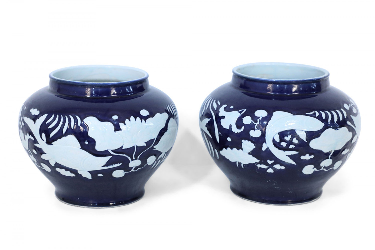Pair of Chinese Blue and White Underwater Motif Porcelain Pots
