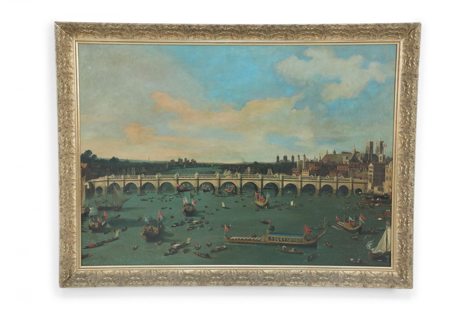 Framed Italian Ventian Oil Bustling Canal Scene Painting 