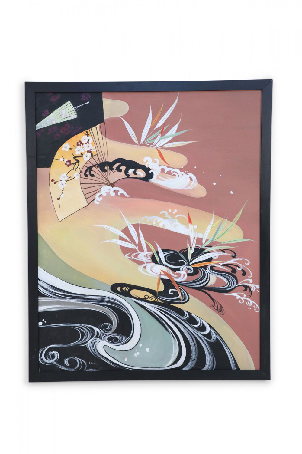 Framed Vintage Chinese Acylic Abstract Painting of Waves and Fans 