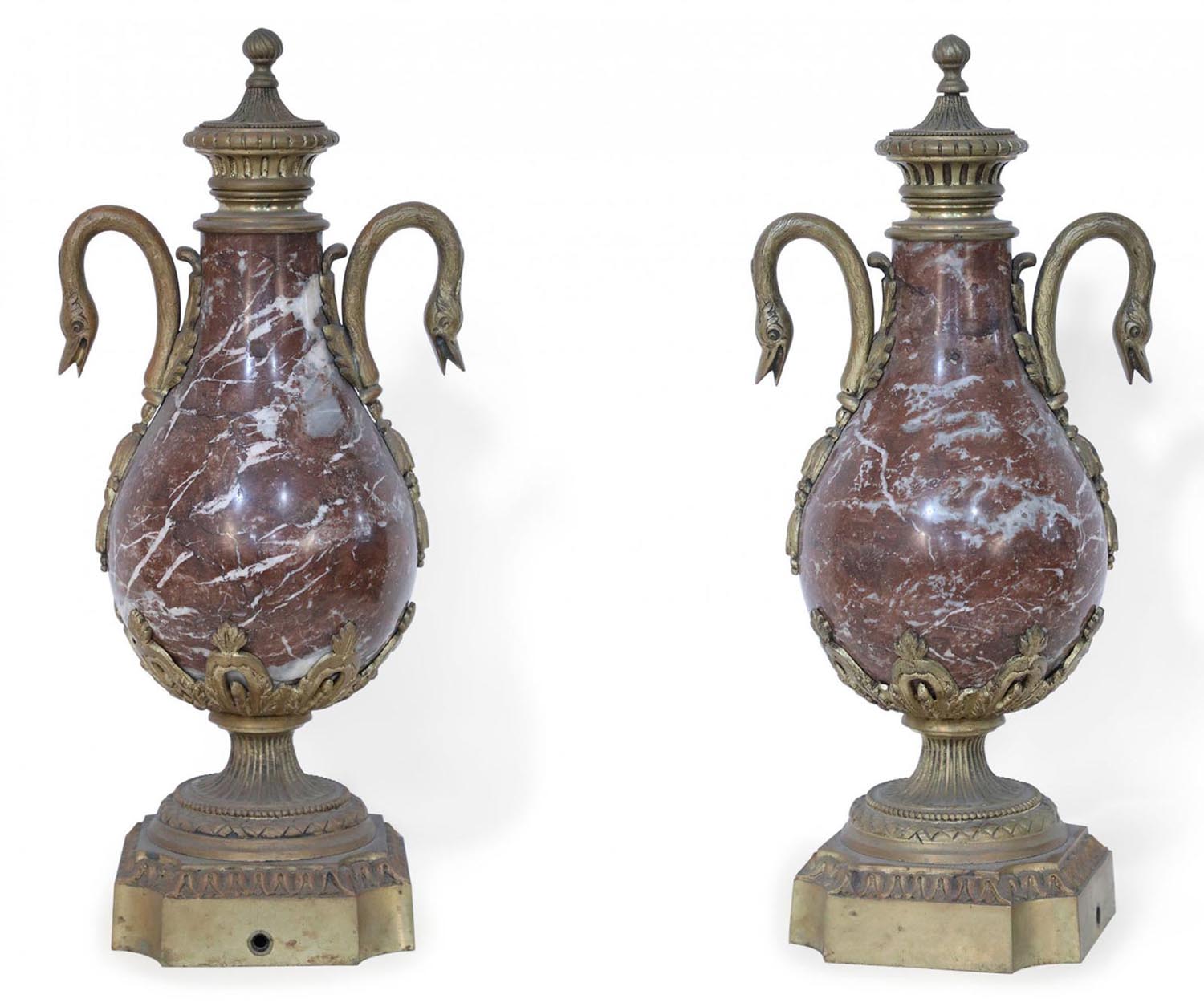 Pair of French Neoclassical Burgundy Marble and Bronze Decorative Urns
