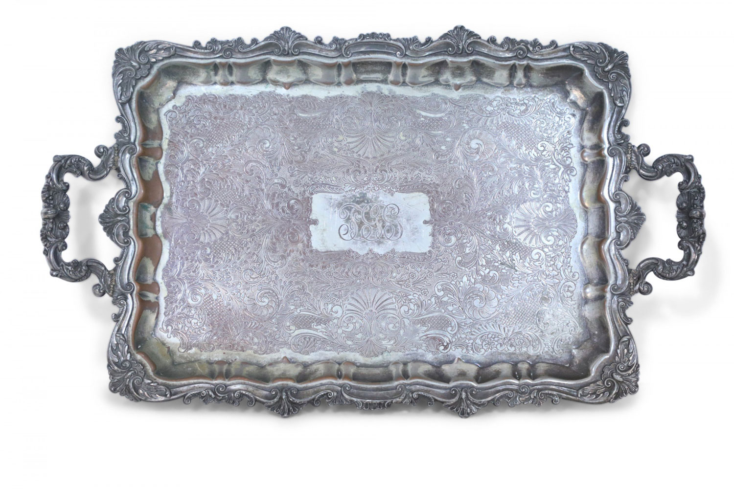 English Victorian Silver Plate Monogrammed and Engraved Serving Tray