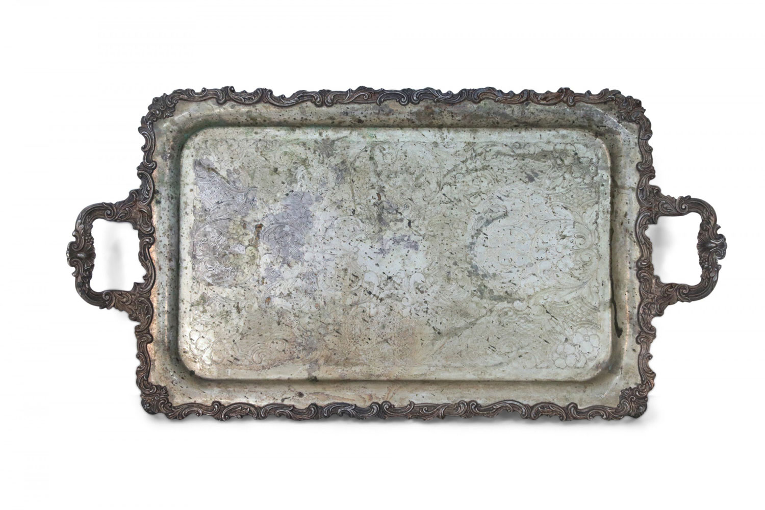 English Victorian Silver Plate Engraved Serving Tray with Patina