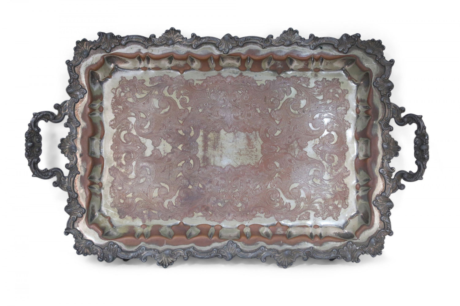 English Victorian Silver Plate and Patina Ornate Serving Tray