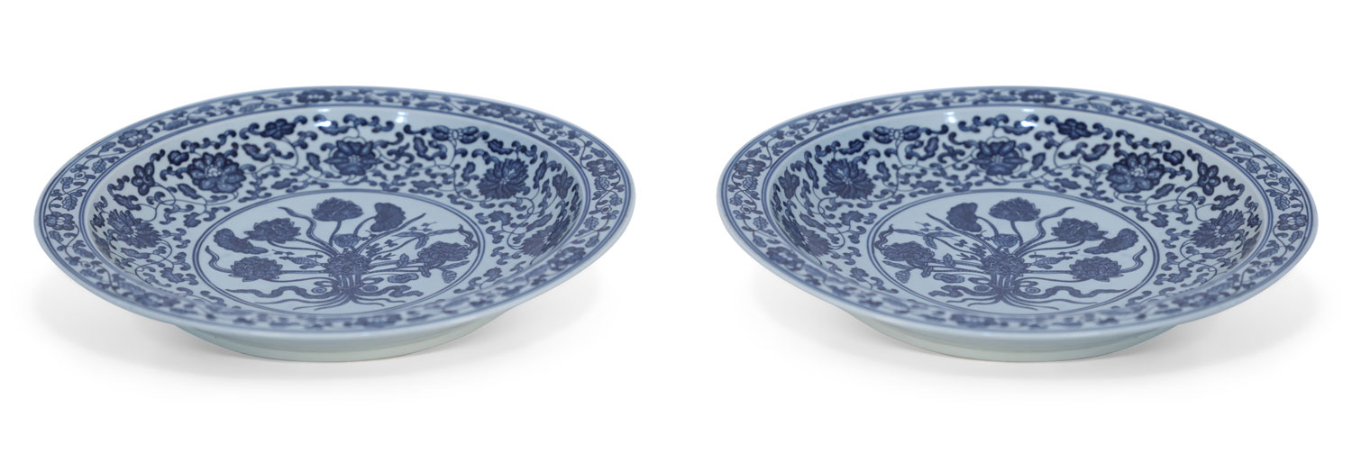 Pair of Chinese White and Blue Floral Decorative Plate