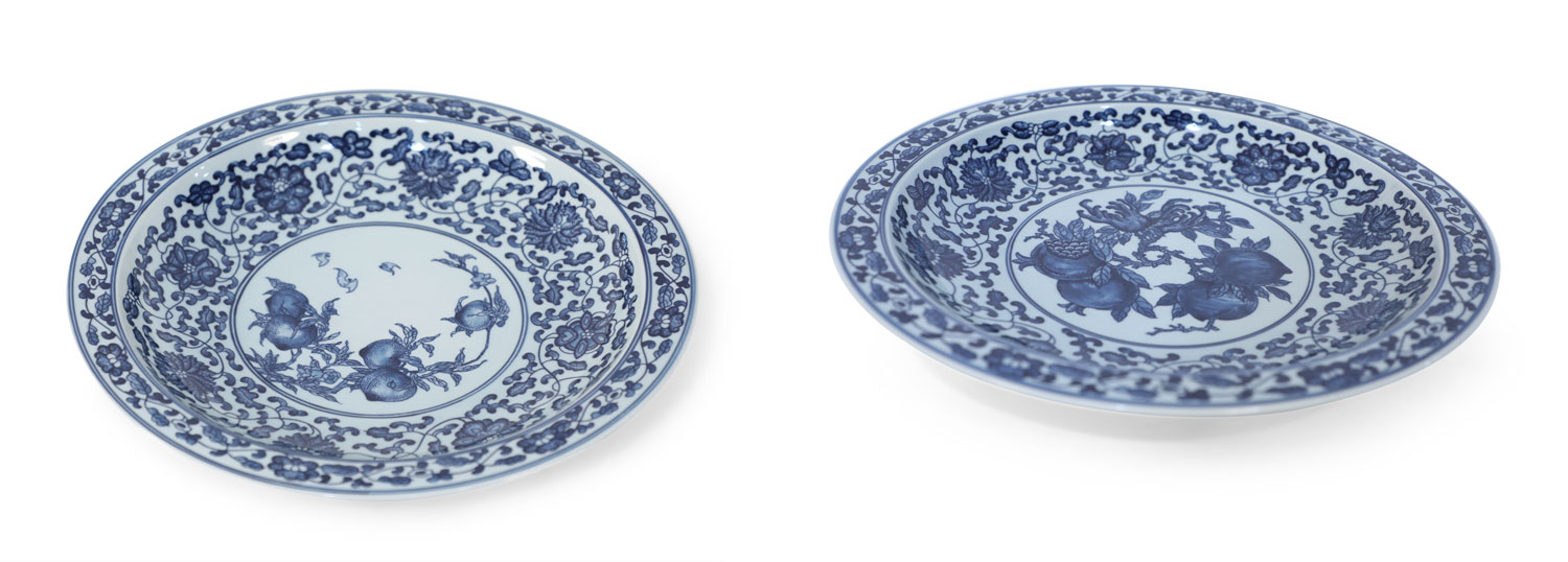 Pair of Chinese White and Blue Peaches Decorative Plates