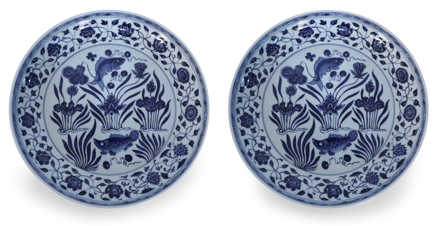 Pair of Chinese White and Blue Fish Decorative Plates
