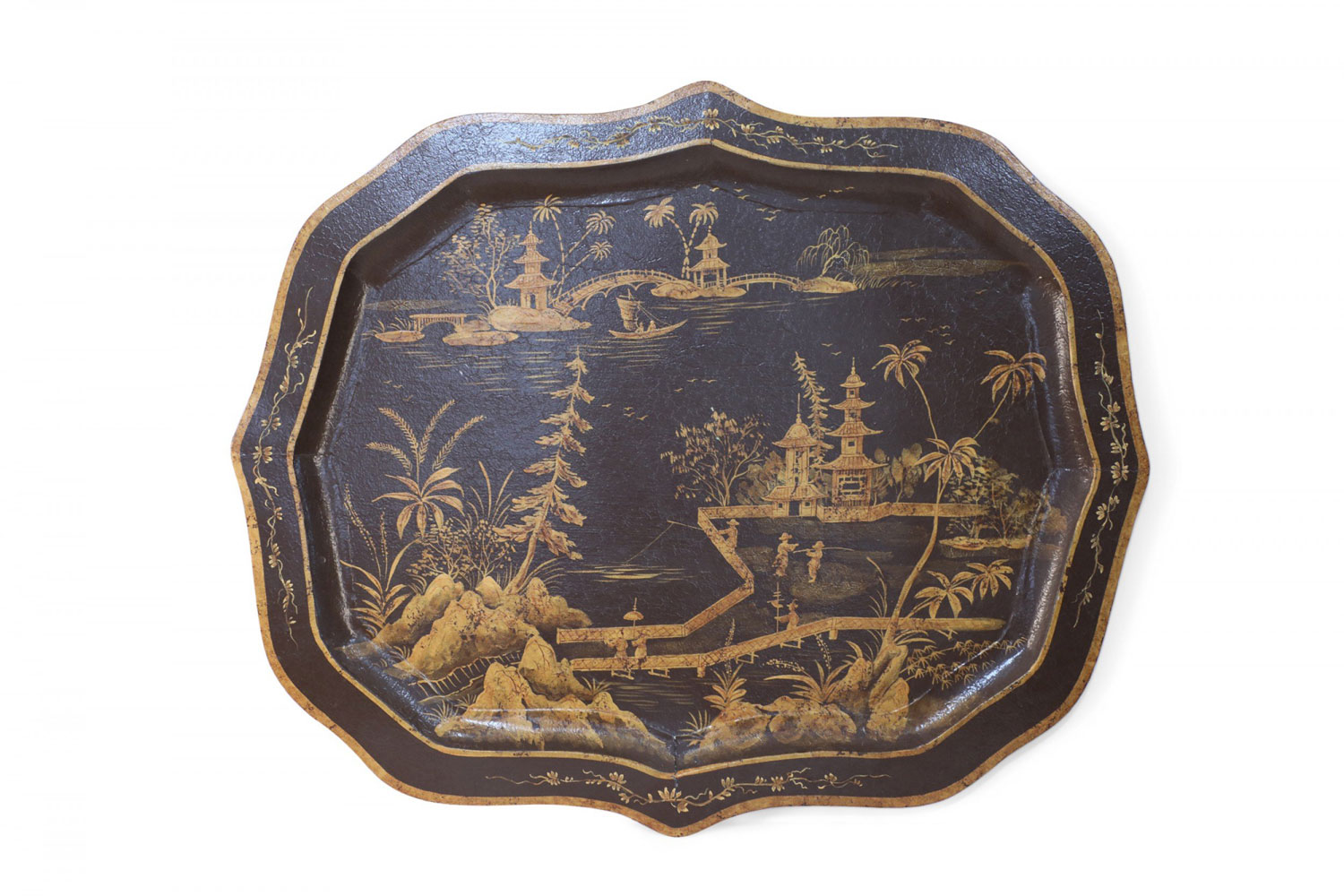 Vintage Chinese Brown and Gold Tole Serving Tray with Lake Scene