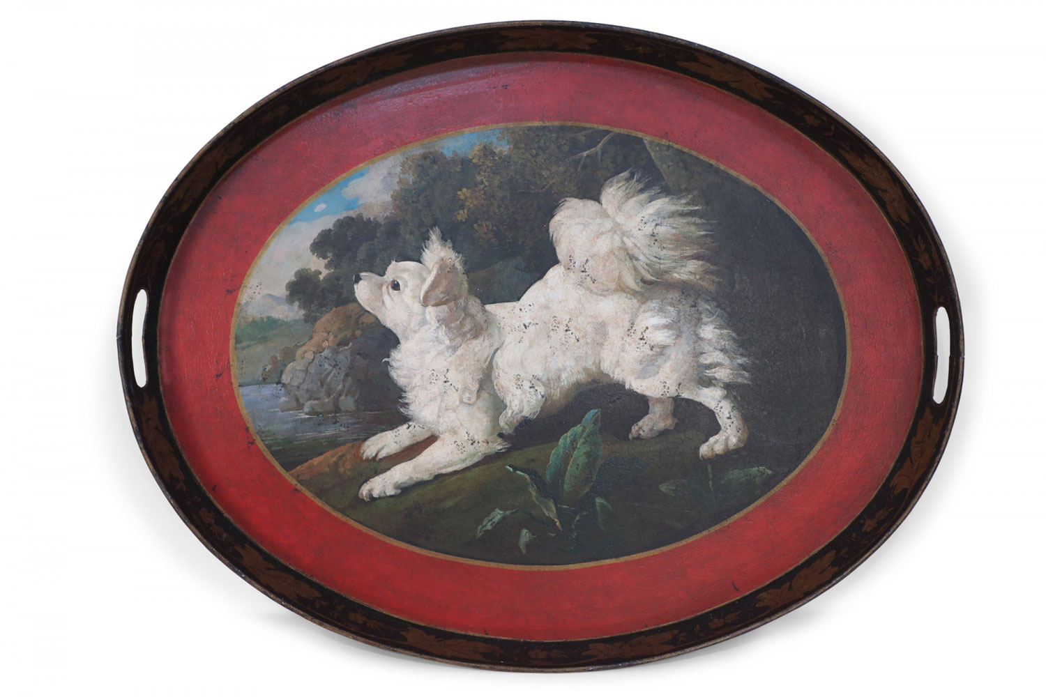 Vintage Oval Tole Fluffy White Dog Portrait Serving Tray