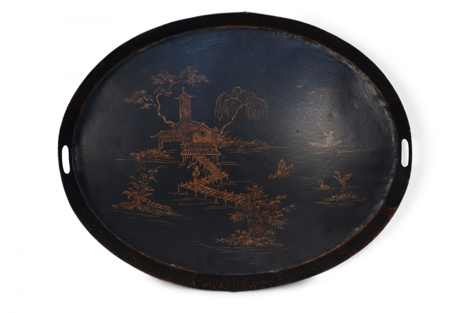 Vintage Chinese Black and Gold Tole Lake Scene Oval Tray