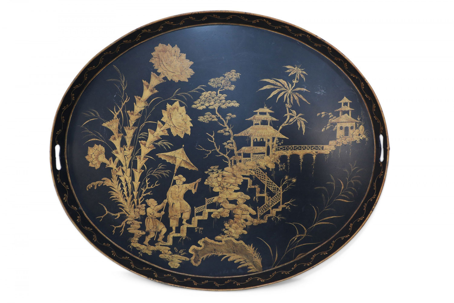 Vintage Chinese Black and Gold Tole Floral Walkway Design Tray