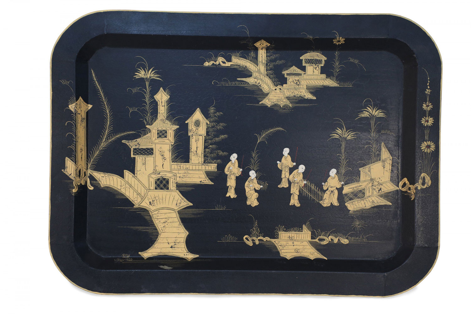 Vintage Chinese Rectangular Tole Black and Gold Monestary Scene Tray