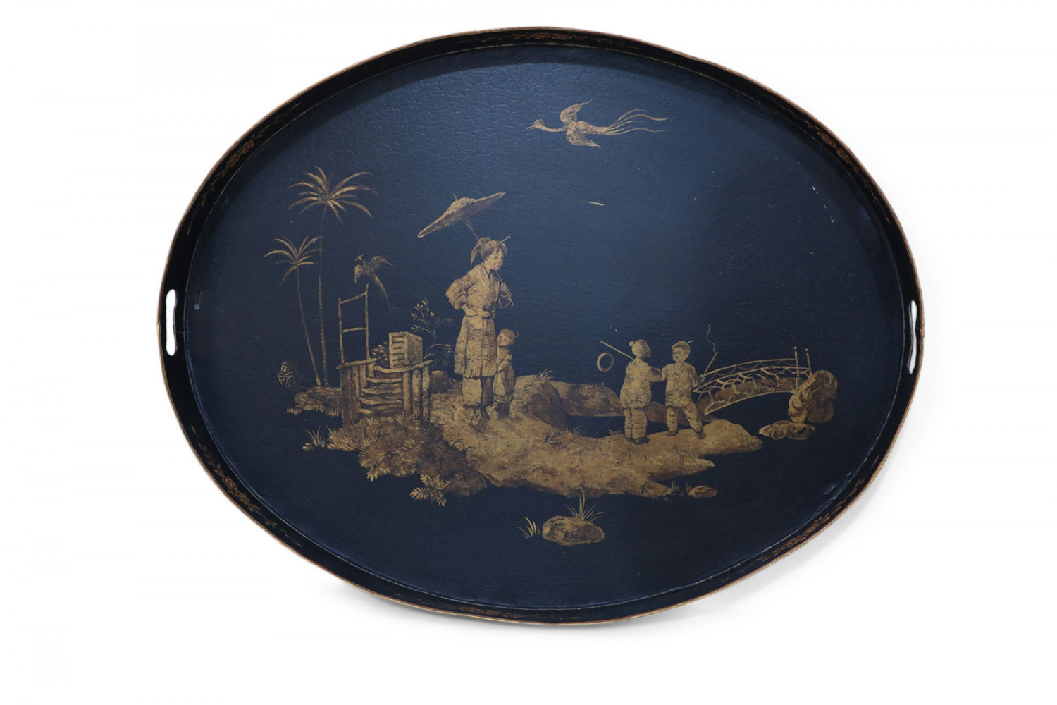Vintage Chinese Oval Tole Black and Gold Pastoral Scene Tray