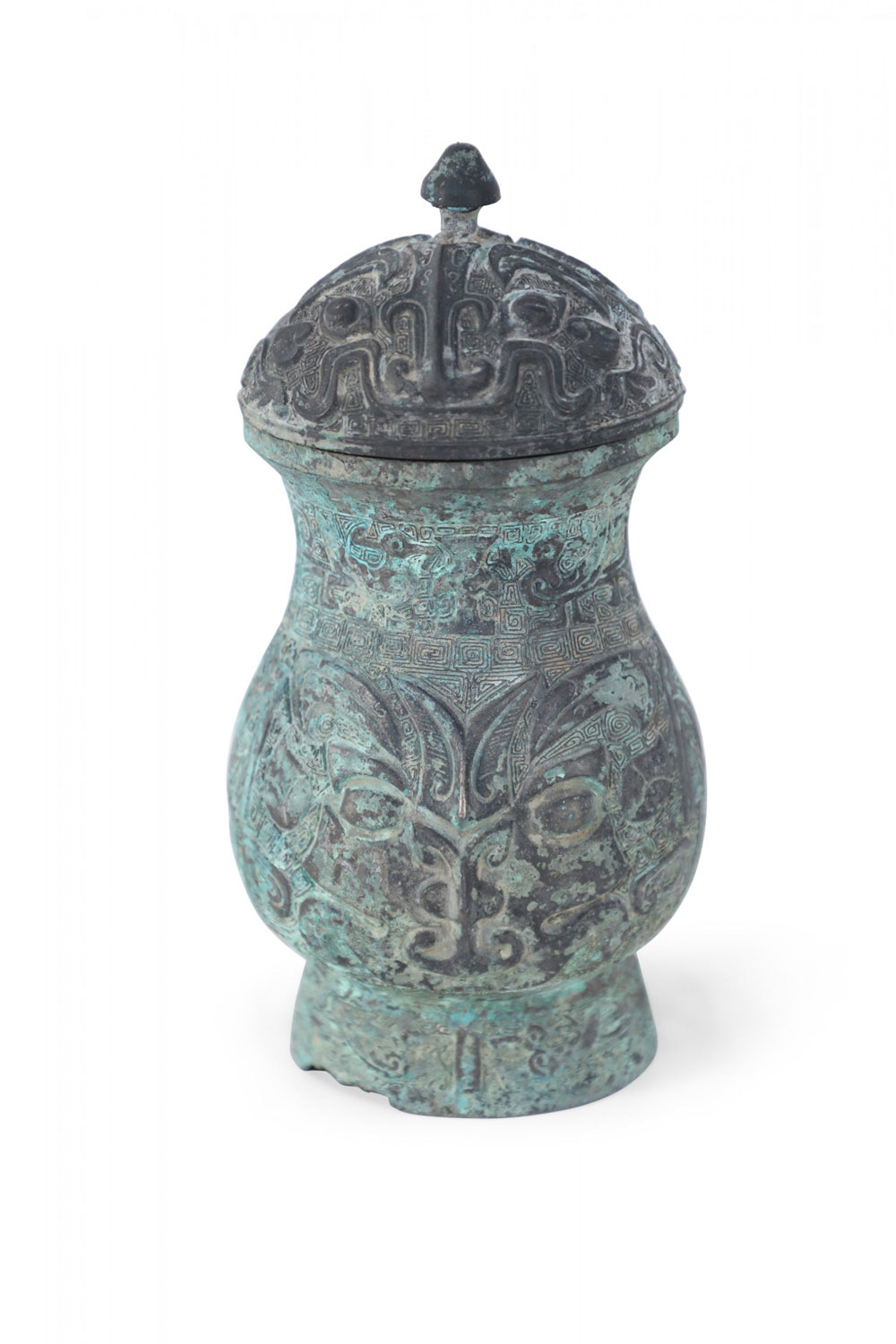 Chinese Han Dynasty Style Green Patinated Bronze Lidded Jar