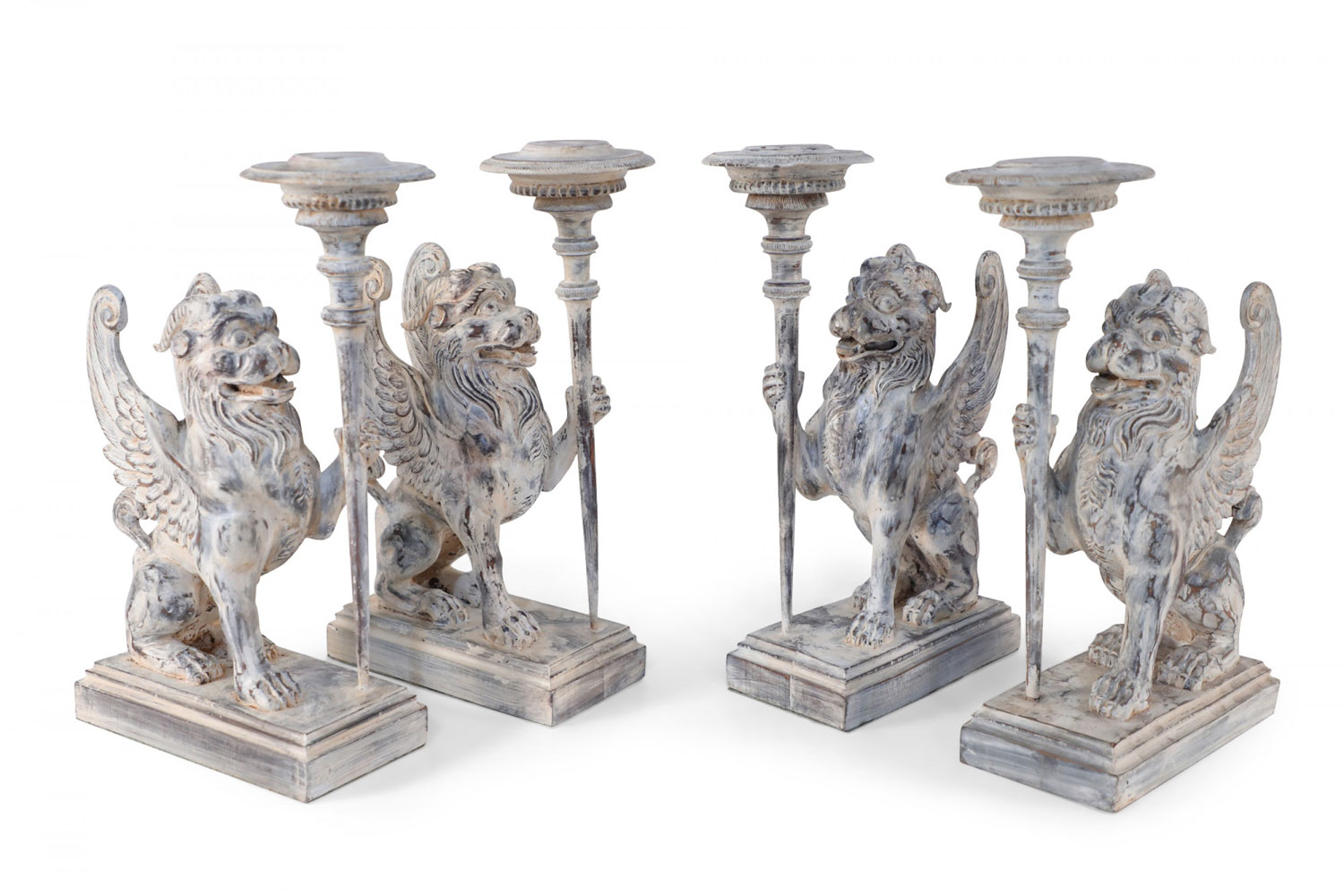 2 Pairs of Neo Classical Style Carved Chimera Form Candle Holders Bookends