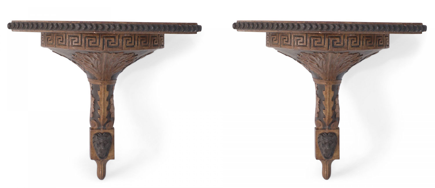 2 Pairs of Neo Classical Style Carved Greek Key and Acantus Leaf Design Wooden Wall Shelves