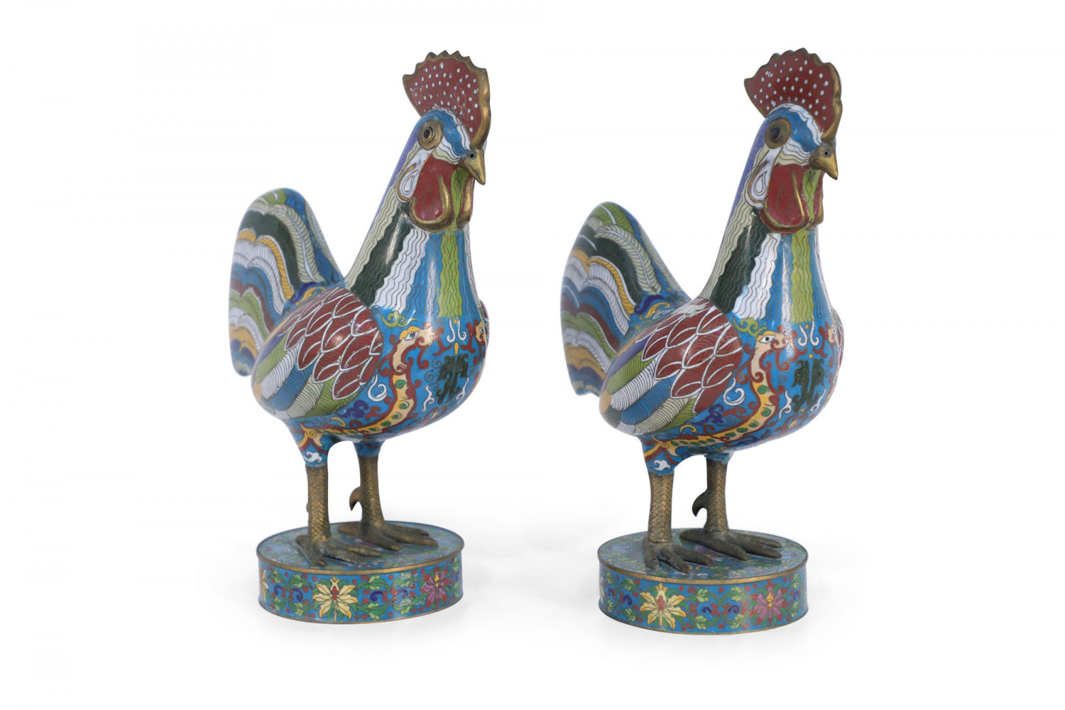 Pair of Antique Chinese Multi Colored Cloisonne Chicken Sculptures