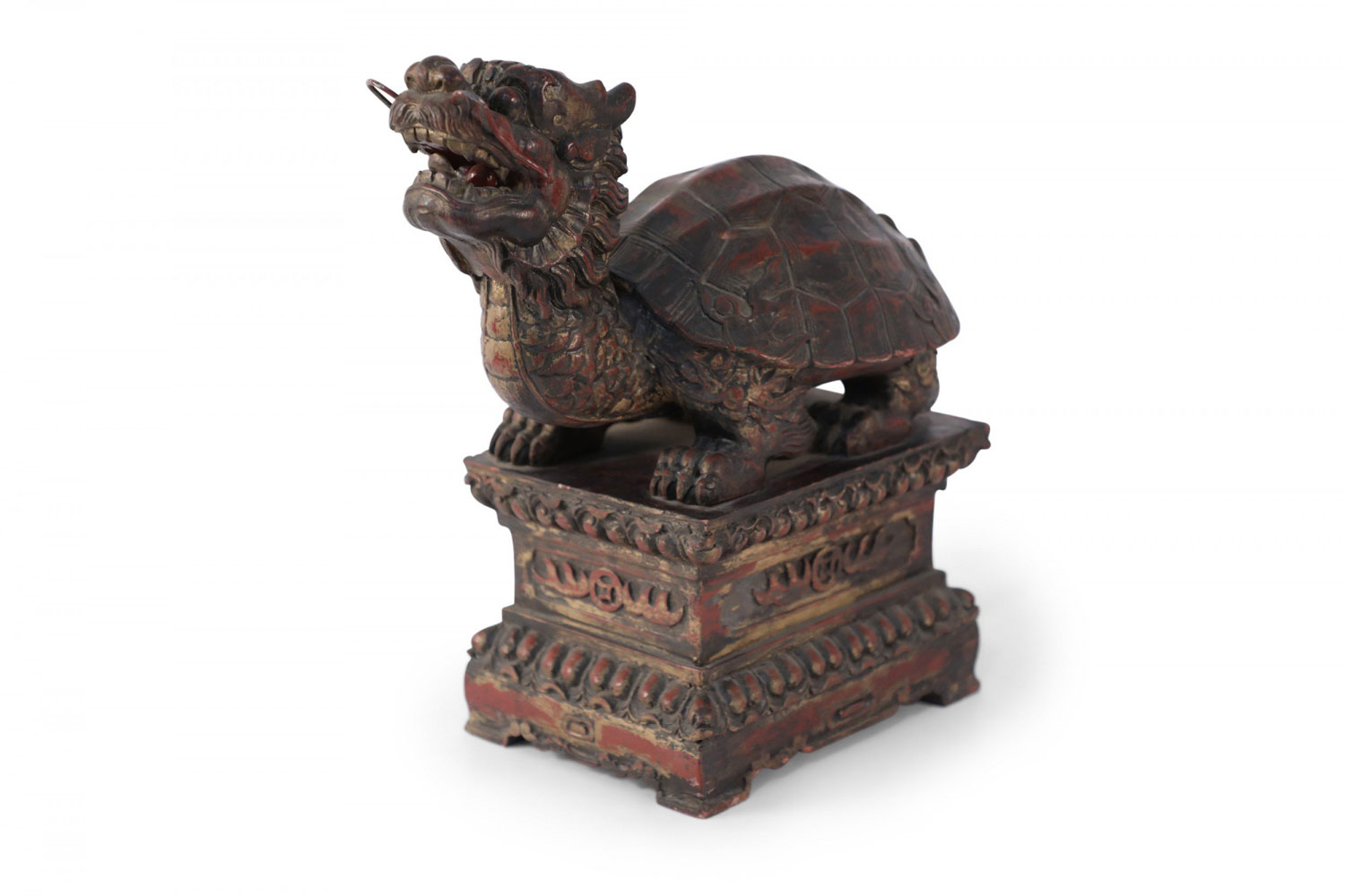 Antique Chinese Carved Wooden Longgui Dragon Turtle Sculpture