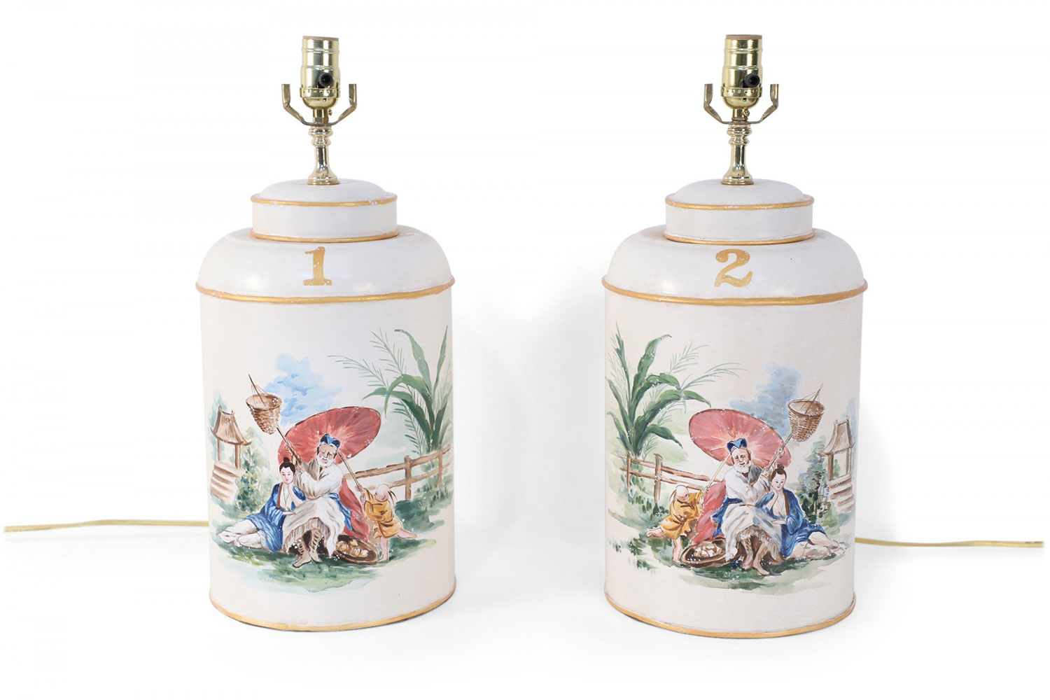 Pair of Vintage Chinese Hand Painted Tole Genre Scene Table Lamps