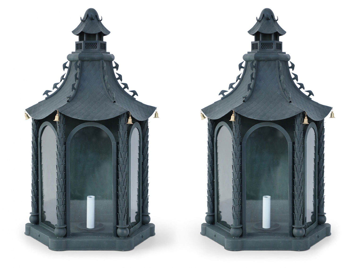 Pair of Vintage Chinese Metal and Glass Bell Adorned Pagoda Shaped Wall Sconces