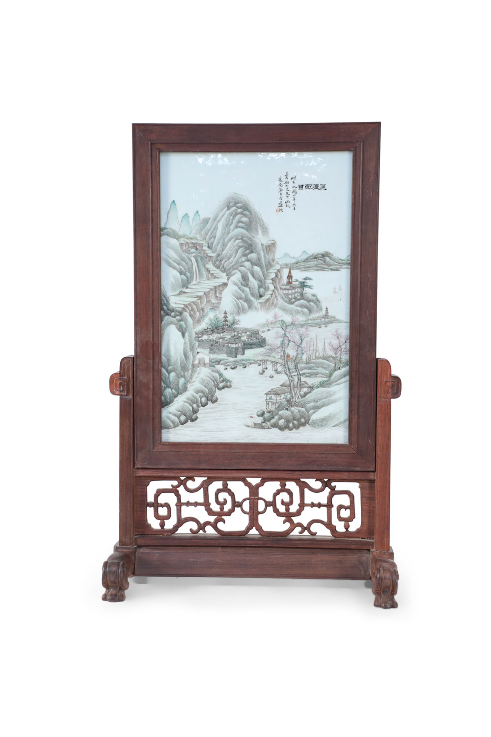 Antique chinese painted porcelain plate and wood vanity mirror