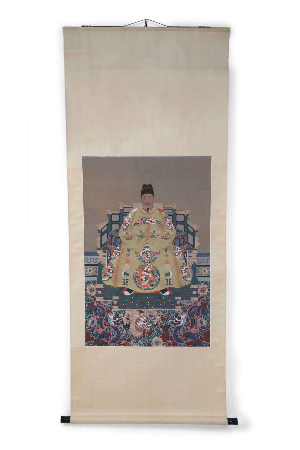 Chinese Ming Dynasty Style Paper and Silk King Portrait Hanging Scrolls