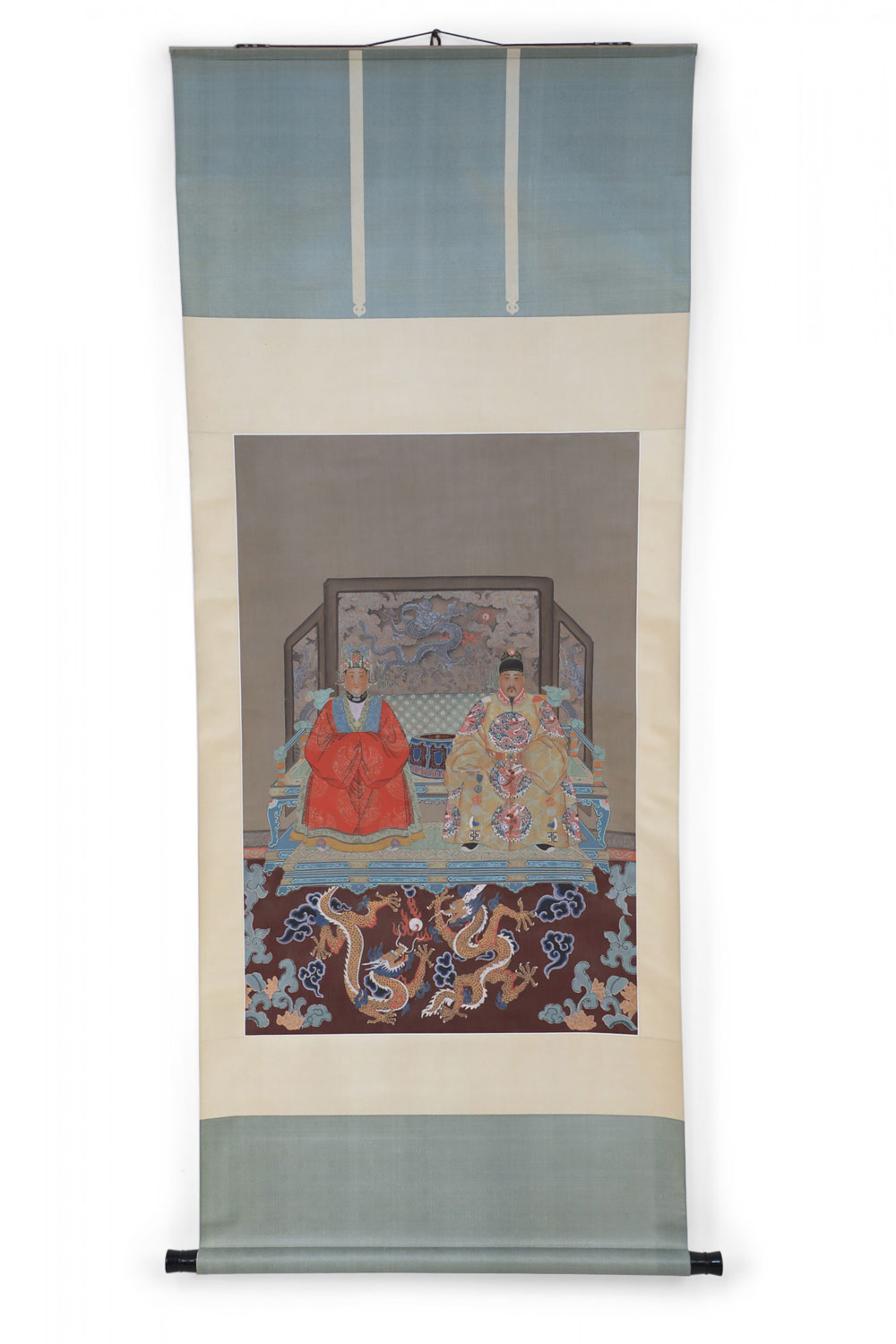 Chinese Ming Dynasty Style Paper and Silk King and Queen Portrait Hanging Scrolls