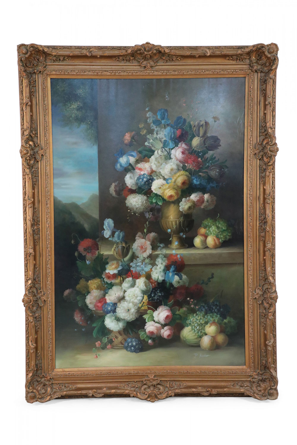 Large Framed Still Life Oil Painting of an Urn of Flowers and Fruit on a Garden Bench