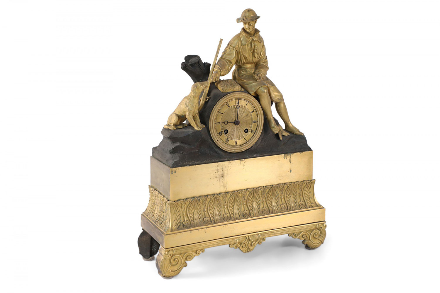 French Victorian Gilt Broze Hunter and Dog Mantel Clock
