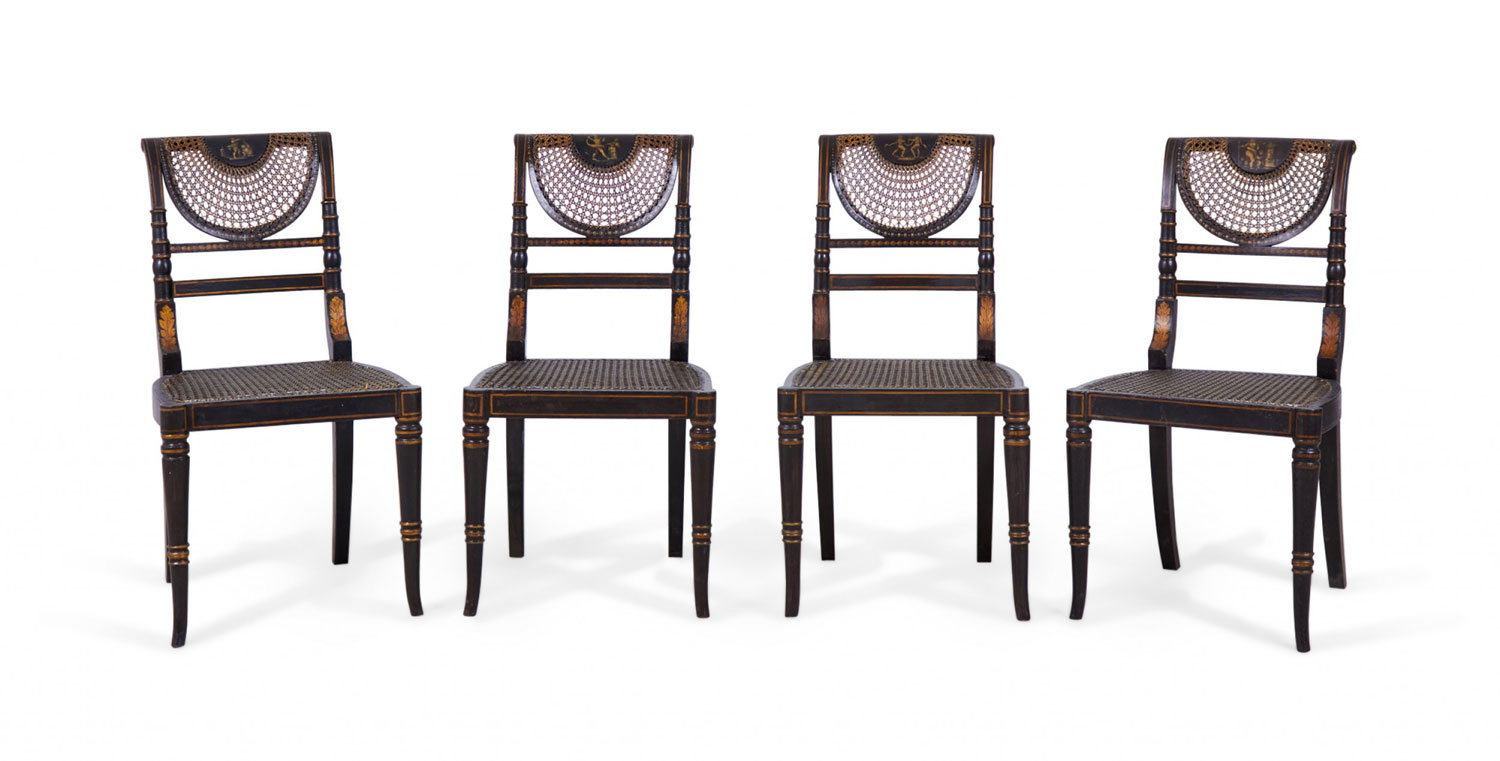 Set of 4 English Regency Style Black and Gold Painted Cane Seat Side Chairs
