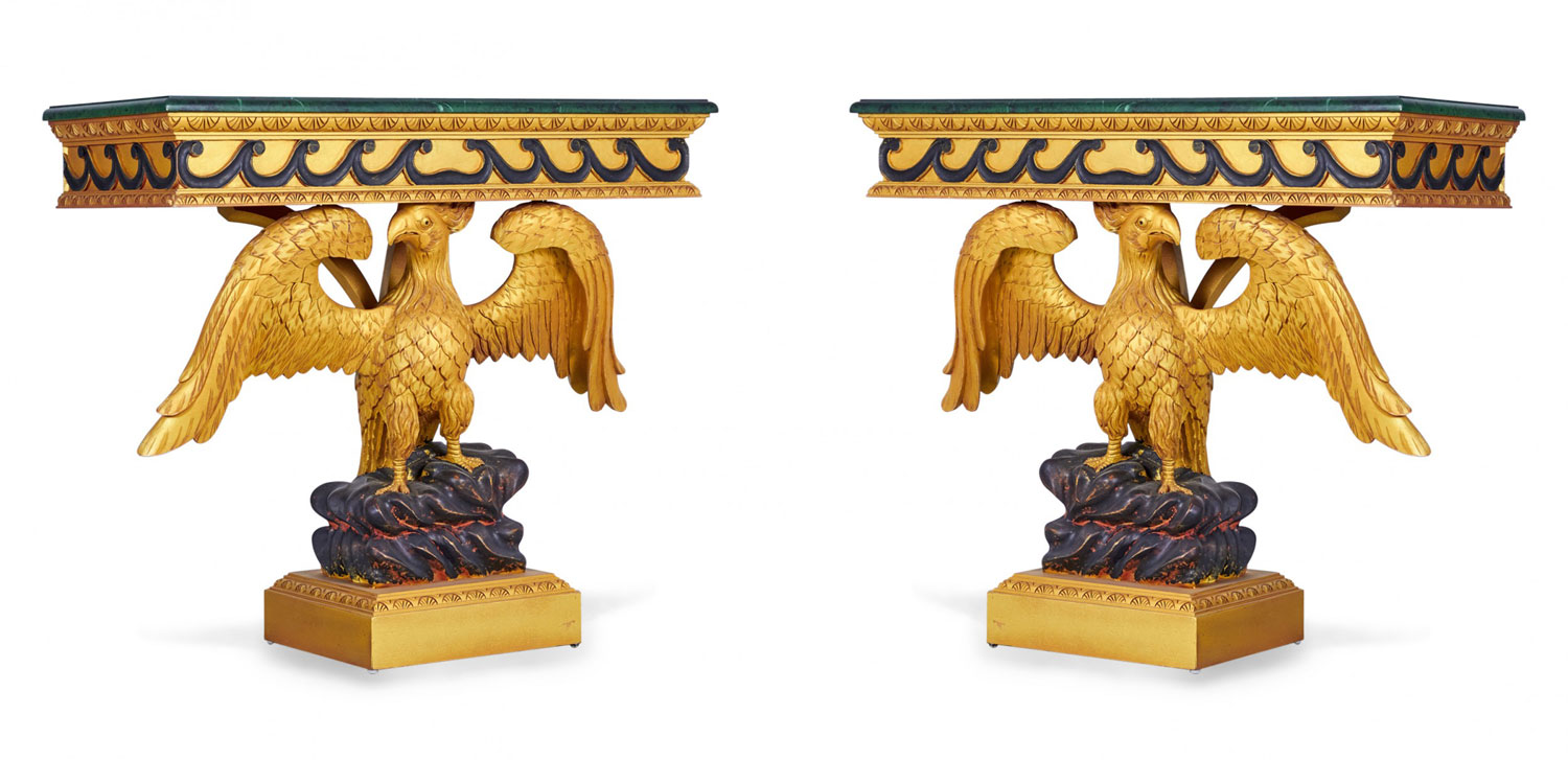 Pair of English Regency Style Gilt Eagle Base and Faux Marble Console Tables
