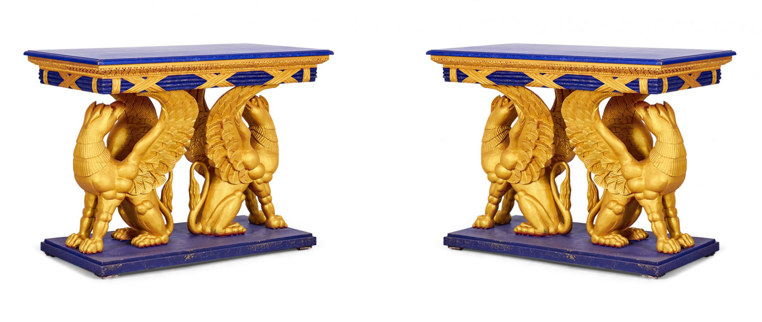 Pair of English Regency Style Gilt Eagle Base and Faux Blue Stone Console Tables