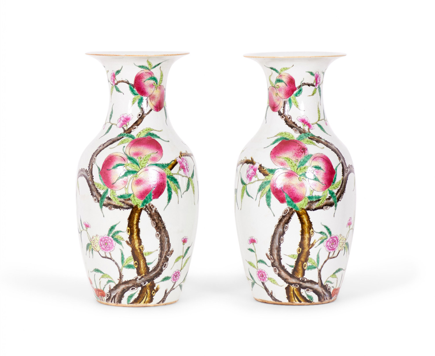 Pair of Antique Chinese Urn Shaped Flowering Fruit Tree Design Porcelain Vases