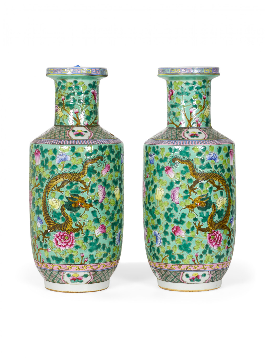 Pair of Antique Chinese Rouleau Shaped Branch and Green Foliage Design Porcelain Vases