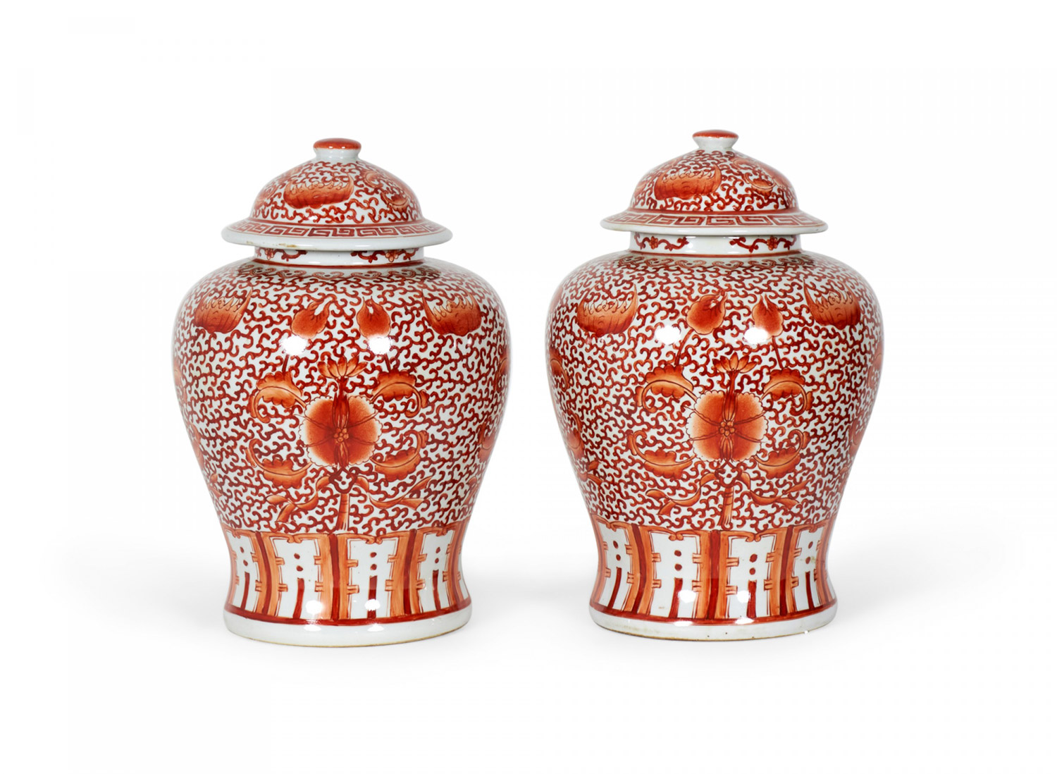 2 Pairs of Antique Chinese Orange and White Design Porcelain Ginger Jars