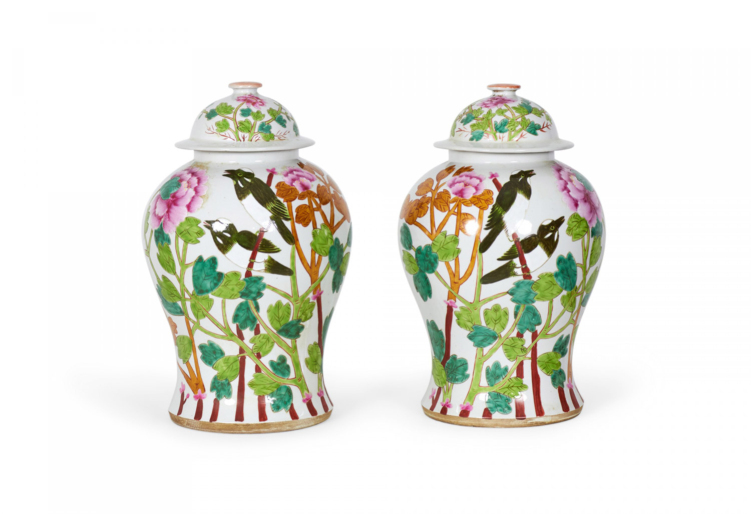 Pair of Antique Chinese Botanical and Bird Patterned Porcelain Lidded Ginger Jars