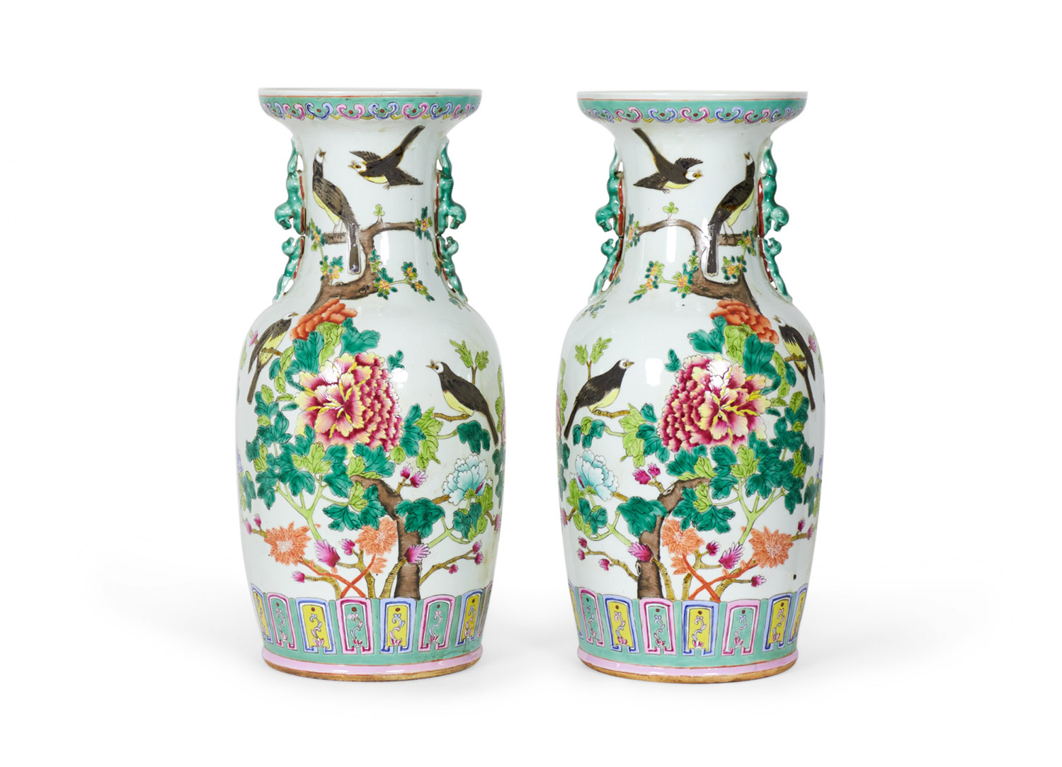 Pair of Antique Chinese Branches and Birds Patterned Porcelain Rouleau Form Vases