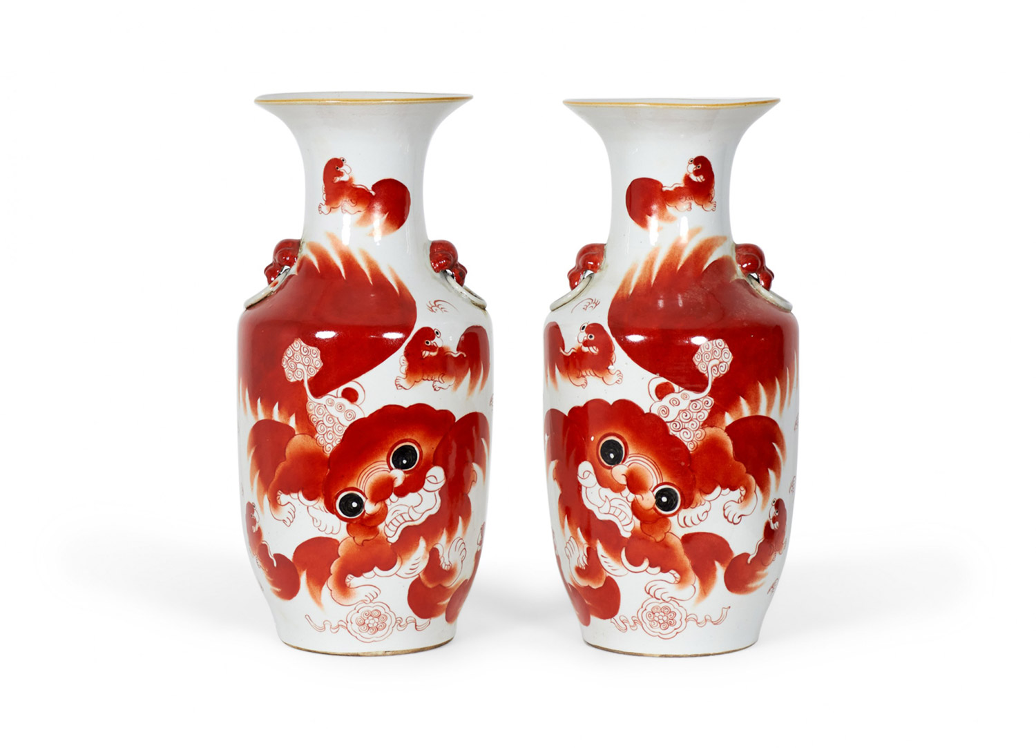 Pair of Antique Chinese Beige and Orange Foo Dog Patterned Porcelain Vases