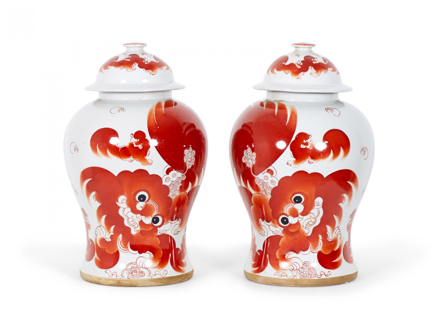 Pair of Antique Chinese Beige and Orange Foo Dog Patterned Porcelain Lidded Ginger Jars 1