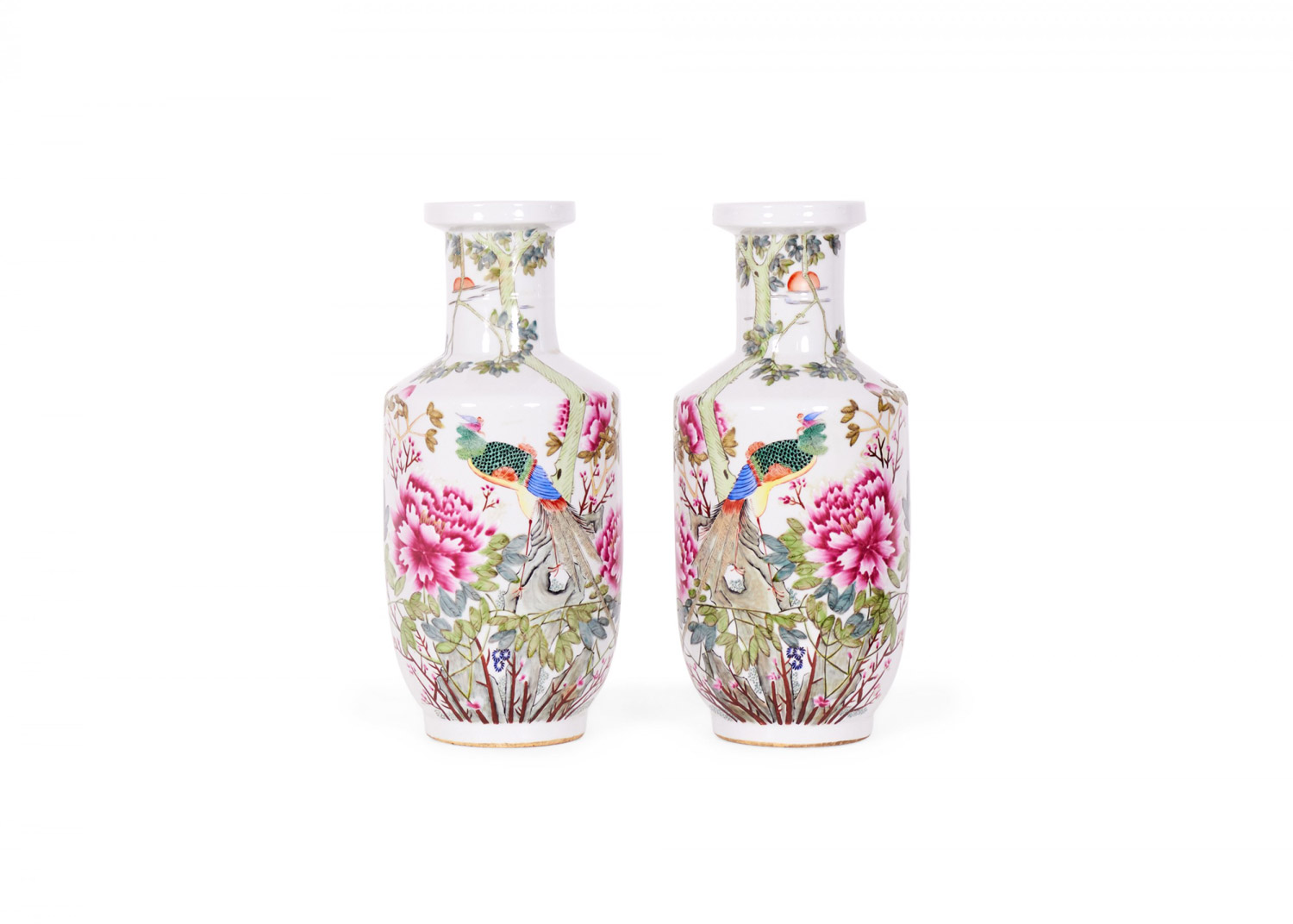 Pair of Antique Chinese Peacock and Floral Patterned Porcelain Rouleau Vases