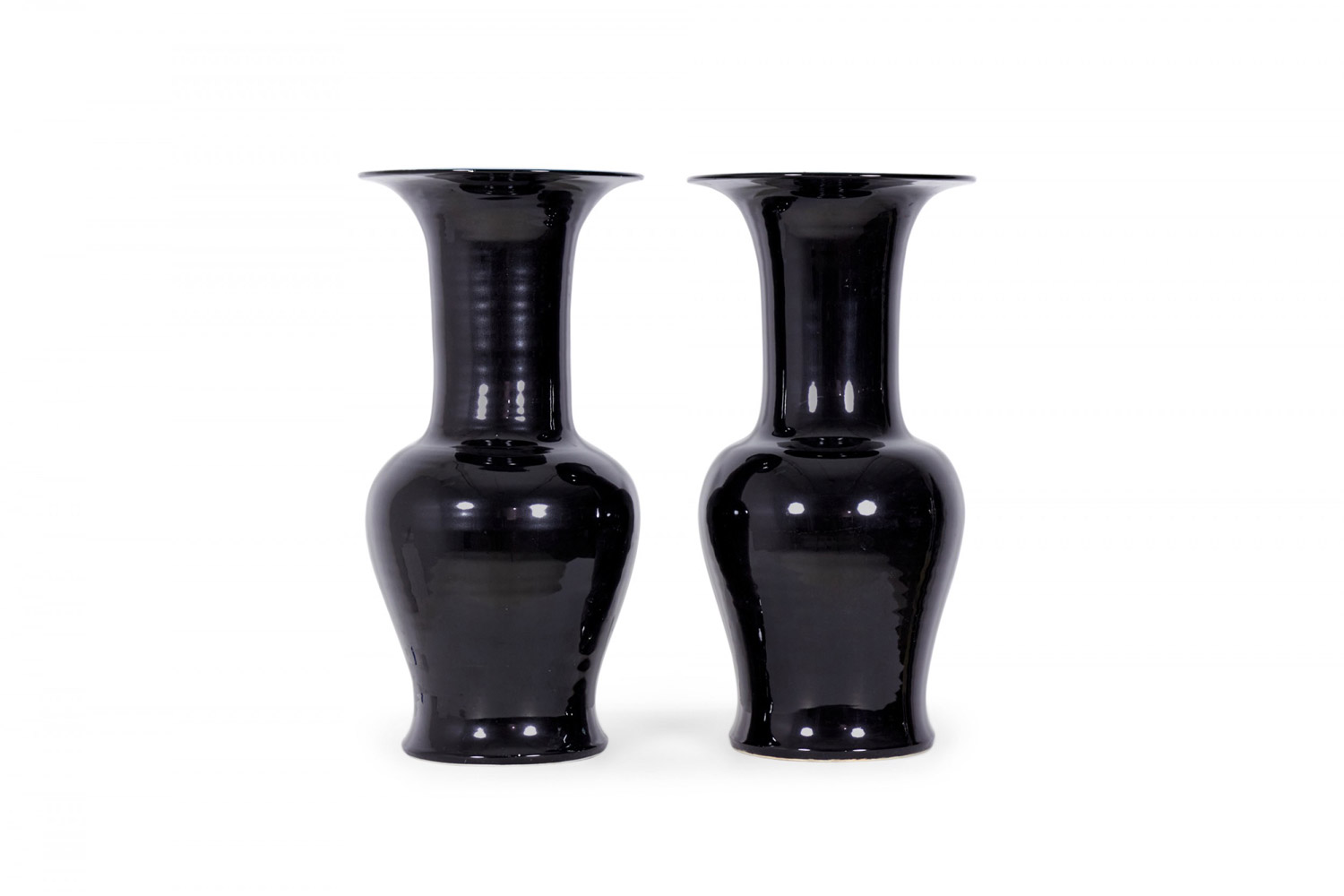 Pair of Antique Chinese Black Glazed Phoenix Tail Form Porcelain Vases