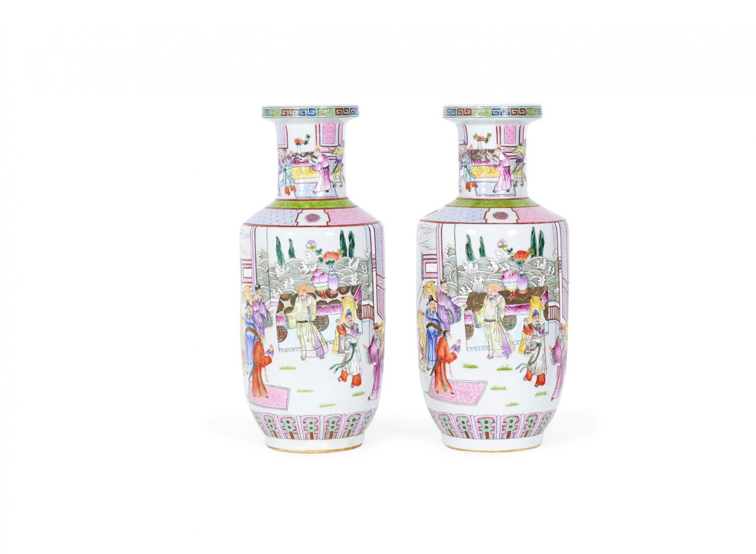 Pair of Antique Chinese Court Genre Scene Design Porcelain Rouleau Form Vases